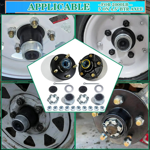 Two Sets OZISENS Pre Lubricated Trailer Hub Kits For Five By Four And Half Inch Hubs On Two Thousand Pound Axles With One And One Sixteenth Inch Straight Spindle EZ Lube Ready Includes L44649 Bearings And Grease Seal Five Lug Idler Wheel Hubs Kit For, showing various views of installed and uninstalled components.