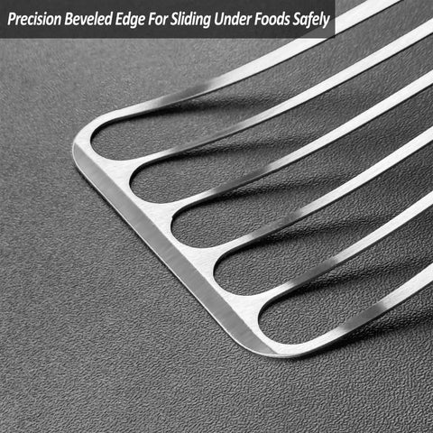 Close-up of beveled edge of 2 Pack Fish Spatula Turner Set Stainless Steel Slotted Spatulas for Flipping, Turning, Frying, and Grilling.