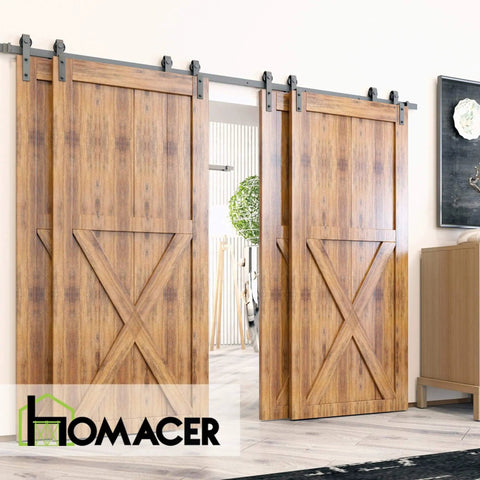 Heavy Duty Black Rustic Single Track Bypass Sliding Barn Door Hardware Kit For Four Doors With 11 Foot Long Flat Track And Classic Roller Design Includes Two Flat Rollers And Two Bent Rollers installed in living room