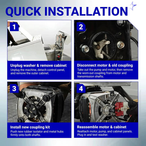 BlueStars metal-core motor coupling kit for Kenmore/Whirlpool washers; four-step installation infographic.