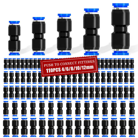 MXUTEUK 110pcs push-to-connect air hose fittings set, black with blue ends, 4/6/8/10/12mm