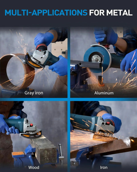 Person using 20 Pack 4.5 Inch Abrasive Flap Discs For Angle Grinder With 40 60 80 120 Grits High Density Zirconia Bevel Type Sanding Discs for grinding metal and wood.