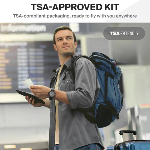 Traveler with backpack and TSA-approved On The Go Travel Medicine Kit, ready for flying, at airport terminal.