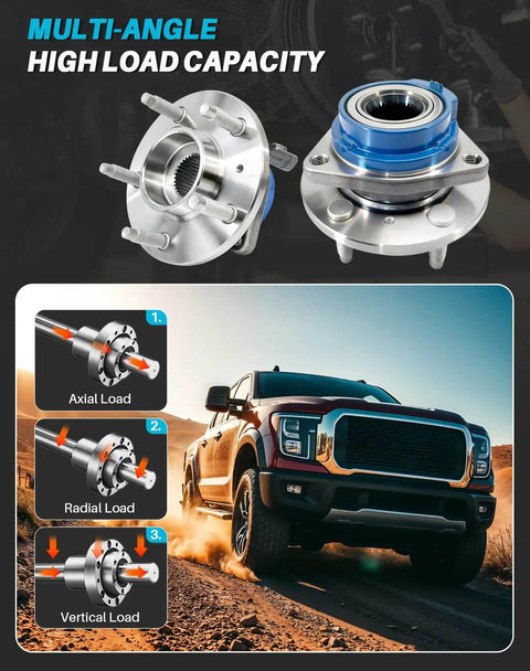 2-Pack Sealed Front Wheel Hub Bearing Assembly 513121 5-Lug w/ ABS, diagram showing axial, radial, and vertical load capacity, truck illustration