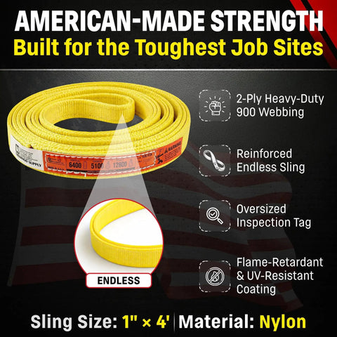 Front view: yellow nylon endless lifting sling, 1in x 4ft, rolled with rating labels.