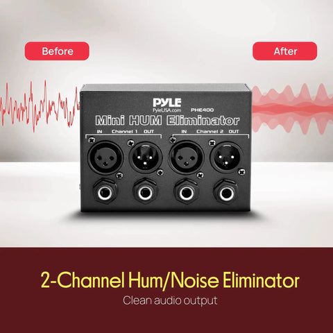 Compact Mini Hum Eliminator Box for Audio Gear, 2 Channel Passive Ground Loop Isolator, front view with XLR inputs outputs.