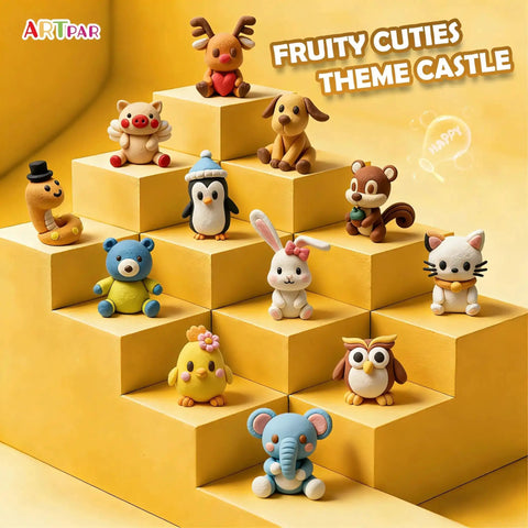 Air Dry Clay Kit For Kids With 12 Animal Sculpting Molds And 4 Vibrant Colors, figurines on yellow stairs setup.