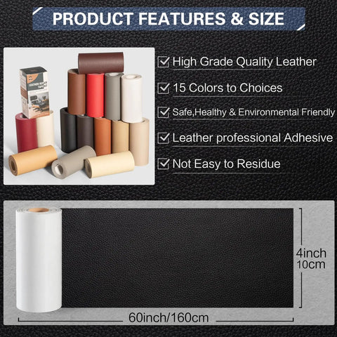 Leather Repair Kit For Furniture And Auto Seats 4 By 63 Inch Self Adhesive Leather Tape Patch For Sofa Couch Car Boat Chair Dark Brown Waterproof Durable Vinyl Patch Kit For Home Car Boat, featuring various leather samples and a roll size of 4" x 60".