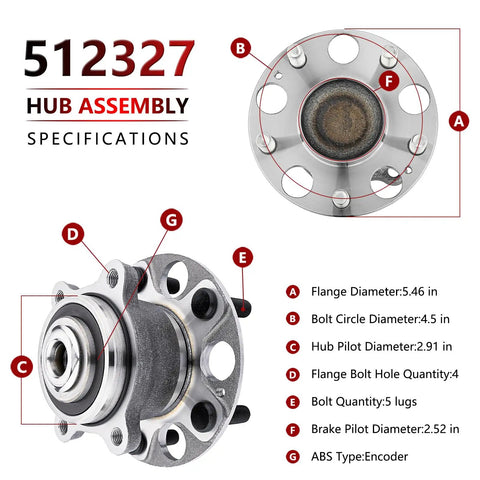 Two Pack Premium Quality Rear Wheel Bearing Hub Assembly Replacement Fits Acura TSX 2004 2005 2006 2007 2008 And Honda Accord 2005 2006 2007 Direct Fit Wheel Hub Bearing Set with specifications diagram including dimensions and ABS type encoder