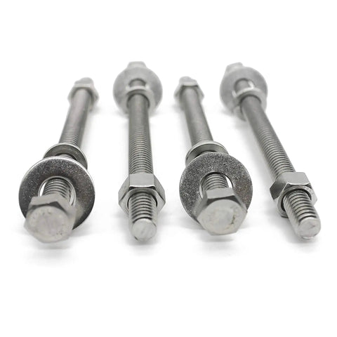 Four Tough-As-Nails 3/8-16 X 5 stainless steel hex bolts with nuts, flat and lock washers, fully threaded, in a row.