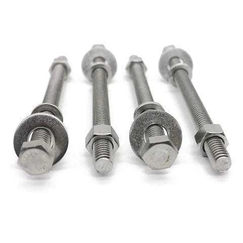 Four-Set 3/8-16 X 4 Stainless Steel Hex Head Bolts With Nuts, Flat And Lock Washers, 18-8 304 Stainless, Fully Threaded Fasteners