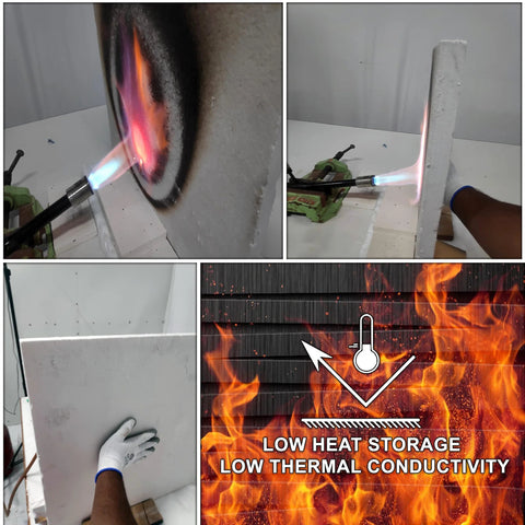 Ceramic fiber insulation board, 1 in thick, 18 x 24 in, white, torch heat test

Ceramic fiber insulation board side view, 1 in thick, 18 x 24 in white panel

Ceramic fiber insulation board front view being installed, 1 in thick, 18 x 24 in white

Graphic of low heat storage and low thermal conductivity with flames illustration