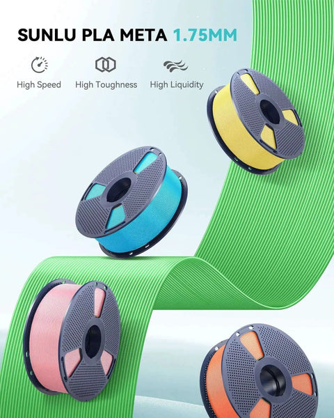 Spools of High Speed Meta PLA 1.75mm Filament 1KG for FDM 3D Printers in various colors against a wavy backdrop