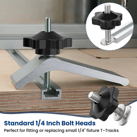 Ten Pack T Track Knob Kit With One Quarter Twenty Bolts And Washers For Jigs installed on a wooden workbench