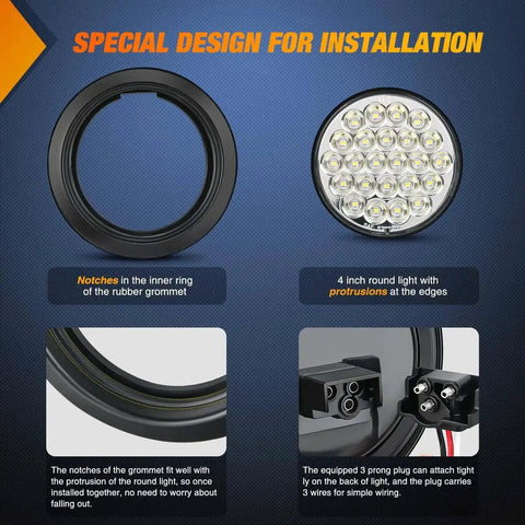 Installation design for Badass 4 Inch Round LED Trailer Tail Lights Set of 4 with grommet and light details