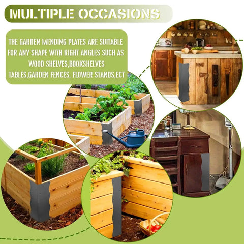 8-Pack Heavy-Duty Metal Corner Brackets For Raised Garden Beds shown in various uses with wooden beds and shelves indoors and outdoors