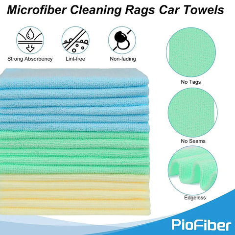 Stack of blue, green, and yellow edgeless microfiber towels from a 20-pack for cleaning, emphasizing strong absorbency and lint-free qualities.