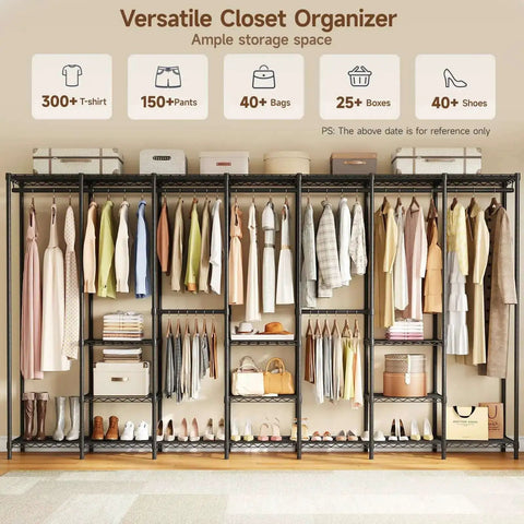 Extra Large Industrial Pipe Clothing Rack With Shelves And Hanging Rods organized with clothes, bags, and shoes, 122 inch wide.