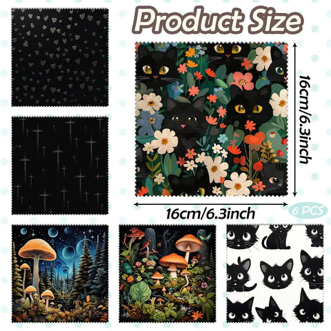 Six Pack Microfiber Cleaning Cloths 6.3x6.3 with various patterns for glasses, phones, cameras displayed in a grid showing size