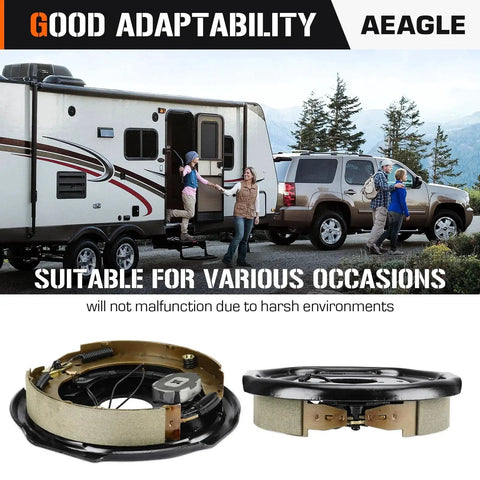 12 By 2 Inch Electric Trailer Brake Kit For 5200 Lb 6000 Lb And 7000 Lb Axles Left And Right Set Bolt On Replacement For Alko Dexter Quality And Other Brands Includes Hardware Heavy Duty Brake Shoes Easy Install For Trailering And Hauling shown with camping trailer and truck for various conditions.
