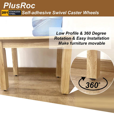 PlusRoc stainless steel self-adhesive swivel caster wheels, 8-pack, 28 lb per wheel, for furniture.