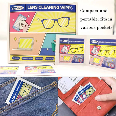 Lens Cleaning Wipes For Glasses And Screens, 300 Count, Safe For Coatings, shown in pocket and wallet for portability