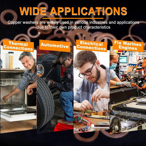 Applications of Pro Grade Copper Crush Washer Set 200Pcs Nine Sizes for plumbing, automotive, electrical, and marine engines shown.