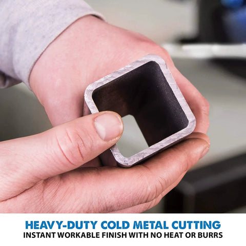 Person holding a clean cut metal pipe, showcasing finishing from Mild Steel Cutting Blade For Circular And Chop Saws, 14 Inch, 66 Tooth, Carbide Tipped TCT Blade For Cold Metal Cutting, No Heat No Burrs No Sparks, Designed For Mild Steel And Ferrous Metals By Evolution Power Tools.