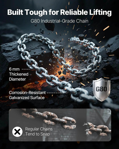 Image of G80 industrial-grade chain with 6mm thickness and corrosion-resistant galvanized surface, highlighting strength for heavy lifting.