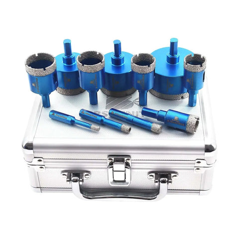 Diamond Core Drill Bit Set For Porcelain Tile Ceramic Marble And Granite Dry Drilling 11 Piece Kit With Triangle Shank Sizes 6mm 8mm 10mm 20mm 25mm 28mm 32mm 35mm 45mm 50mm 65mm For Easy Tile Cutouts in a metal case.