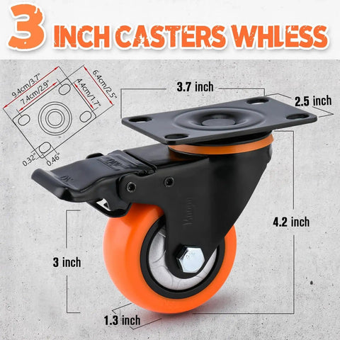 Beefy Heavy Duty 3 Inch Swivel Caster Wheels With Brakes, 1500 Lb Capacity, front view of orange wheel with brake, dimensions shown