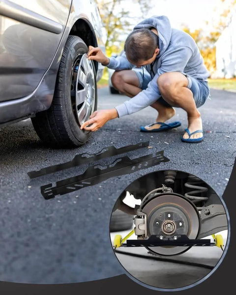 Person using Heavy Duty Wheel And Toe Alignment Tool Kit With Two 5m Tape Measures For DIY Car Front End Alignment Toe Plates