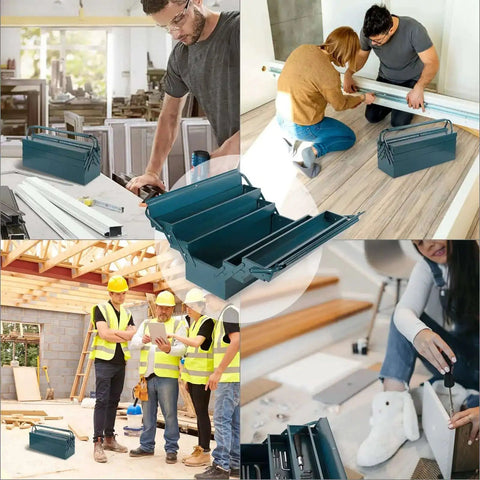 17 Inch Cantilever Tool Box With 5 Trays shown in various workshop settings for organizing tools efficiently in garages and DIY spaces.
