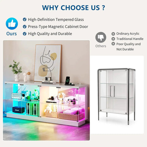 Glass Display Cabinet With Charging Station And RGB Lighting 59 Inch Tempered Clear Display Case With Glass Door For Collectibles
