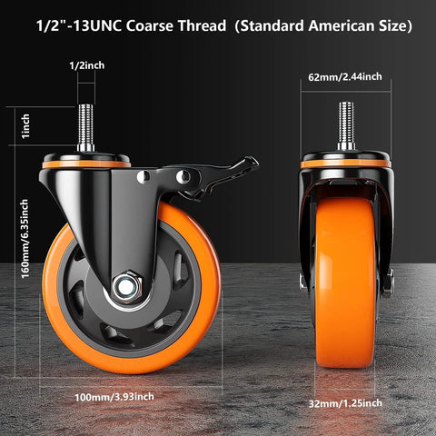 4 Inch Heavy Duty Caster Wheels Set Of 4 With Threaded Stem Half Inch Screw Diameter And One Inch Stem Length Each Caster Supports 500 Lbs For A Total Of 2000 Lbs Dual Locking Brakes Industrial Castors For Cart And Furniture, side and front view.