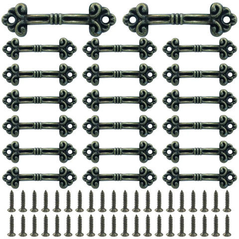 Vintage Mini Drawer Pulls 20 Piece Set With Matching Screws Antique Style Handles Displayed in Rows