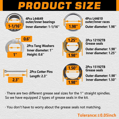 Diagram showing product size details and components for All In One 2 Pack Trailer Hub Bearing Kit For 1-1/16 Inch D Style Axles GREPSPUD.