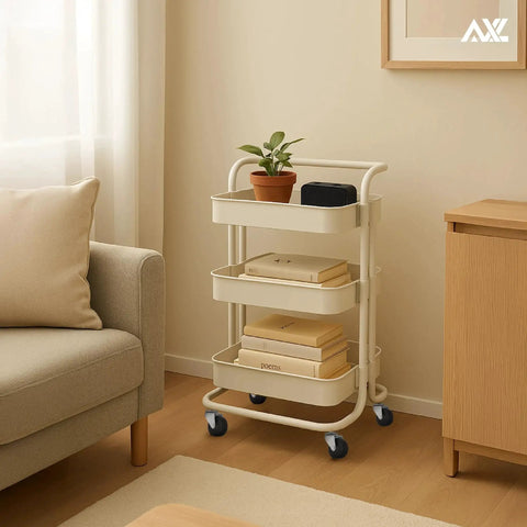 2 Inch Caster Wheels with 1/4 Inch Threaded Stem Swivel Casters and Brakes installed on a small utility cart in living room.