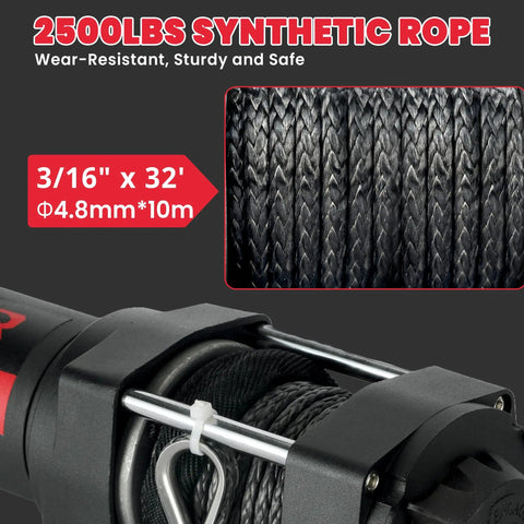 Close-up of 2500 Lb synthetic rope, 3/16" x 32', used with Beefed Up Heavy Duty 2500 Lb 12V ATV UTV Winch With Waterproof Electric Motor.