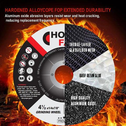 Four And A Half Inch Thick Grinding Wheels For Metal And Stainless Steel General Purpose Depressed Center Discs in fire background