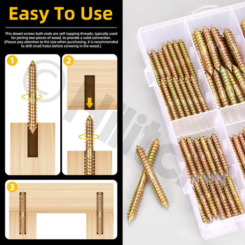 Close-up of 80Pcs 6 Sizes Double Ended Dowel Screws Set For Wood To Wood Joinery with storage box and installation guide.