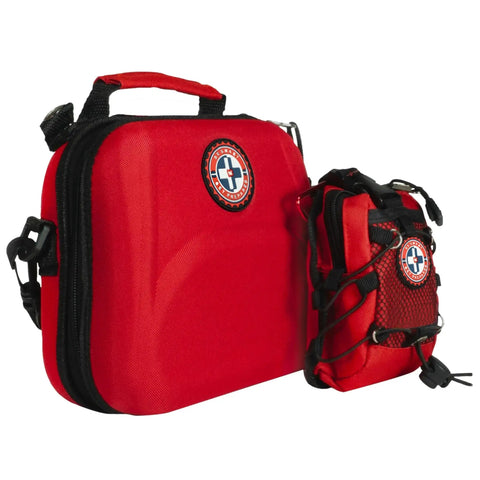 398-Piece Emergency First Aid Kit with Bonus Mini Backpack, red EVA case and backpack, for home, office, school, travel, camping.