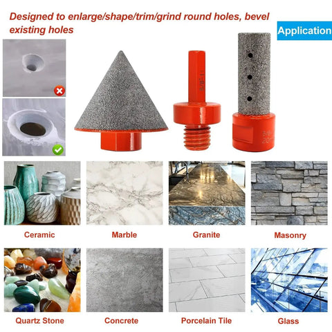 Pro Grade Diamond Beveling Chamfer Bits Set For Ceramic Tiles Three Piece Kit With Five Eighths Inch Eleven Drill Adapter Cone Grinder Bit And Diamond Milling Drill Bit For Hole Enlargement And Trimming Orange with application examples for ceramic, marble, granite, and more.