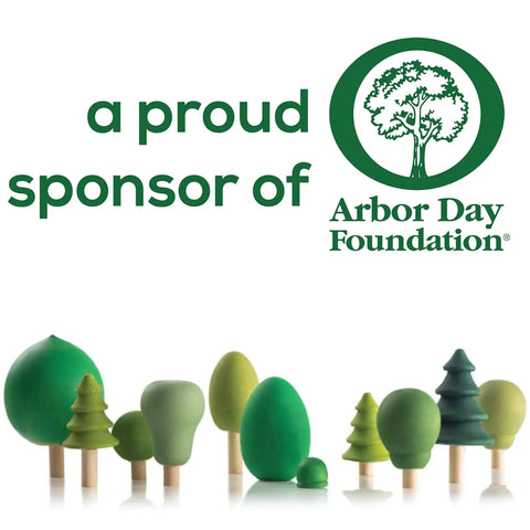 Graphic showing 'a proud sponsor of Arbor Day Foundation' with various green tree models below.