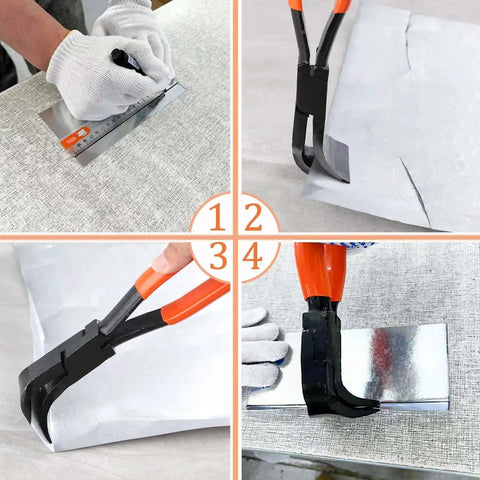 Collage of 10 Inch Hand Seamer Workhorse for Sheet Metal Bending and Flattening with 90 Degree Jaws and PVC Handle in use