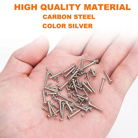 Hand holding nickel plated M1.2 M1.4 M1.5 M2 round pan head tapping screws kit for laptop notebook electronics repair 1100 pieces 24 types