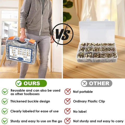 Comparison of Rivet Nuts Set 1000Pcs SAE And Metric Nutserts case with other plastic clips, showing portability and design.