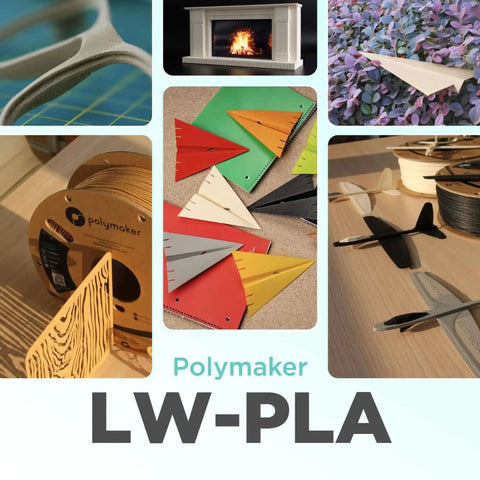 Collage showcasing projects made with Lightweight Grey PLA Filament 1.75mm 0.8kg for 3D Printing, PolyLite Low Density PLA.