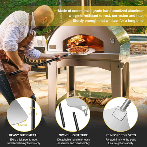 Heavy Duty Aluminum Pizza Peel With Extra Long Handle For Home And Commercial Ovens From 38 And A Half Inches To 49 Inches Painted Handle Includes Cutter Rocker Turning Tool Kit Joyfair in use with outdoor pizza oven.