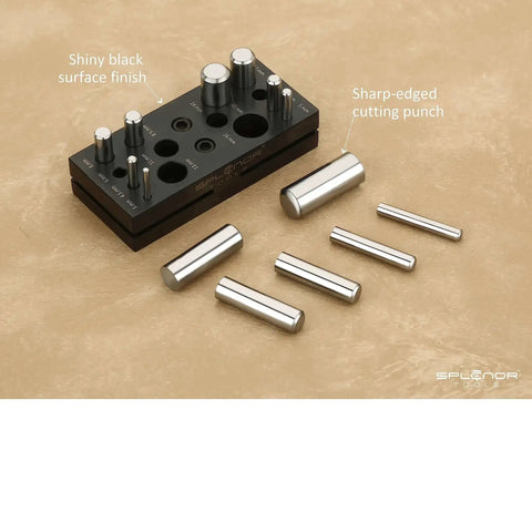 Round Punch Disc Cutter Set For Jewelry Making And Metal Working with beefy steel die and 14 cutting diameters on beige surface